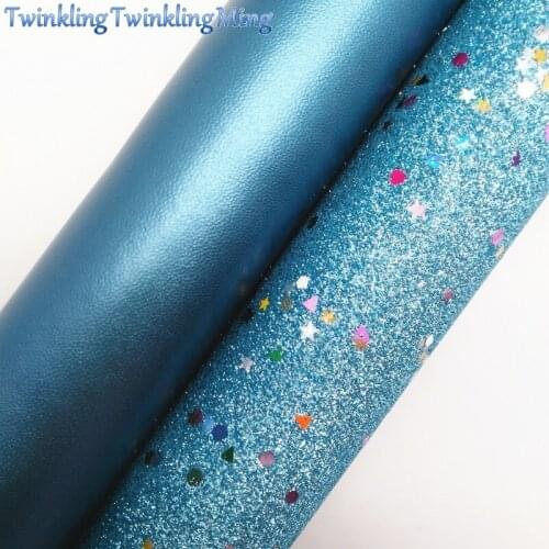 BLUE Glitter Fabirc with Stars, Faux Leather Fabric, Synthetic Leather Fabric Sheets For Bow A4 8"x11"Twinkling Ming XM507
