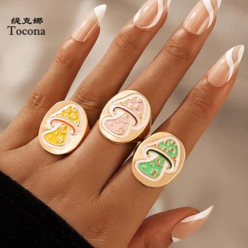 Tocona Colorful Mushroom Ring Sets for Women Charms Dripping Oil Gold Alloy Metal Party Jewelry Accessories Anillo 19839