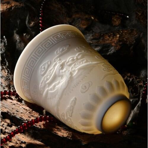 Suet Thin Ceramic Heart Sutra Cup Relief Good Fortune Cloud Master Single Cup Kung Fu Tea Cups 130ml