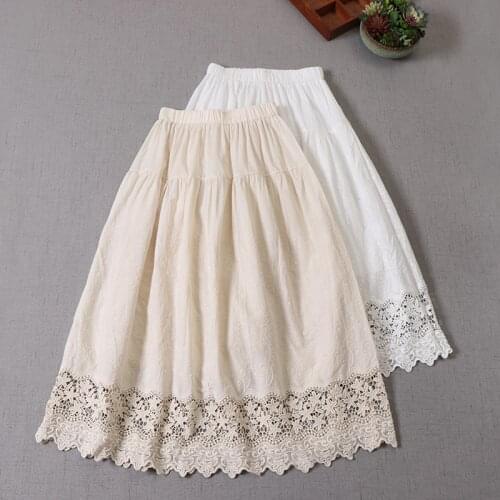 2021 New Spring Summer Women Cotton linen Skirt Japan Style Mori Girl Elastic Waist Hollow out Embroidery Women Skirt