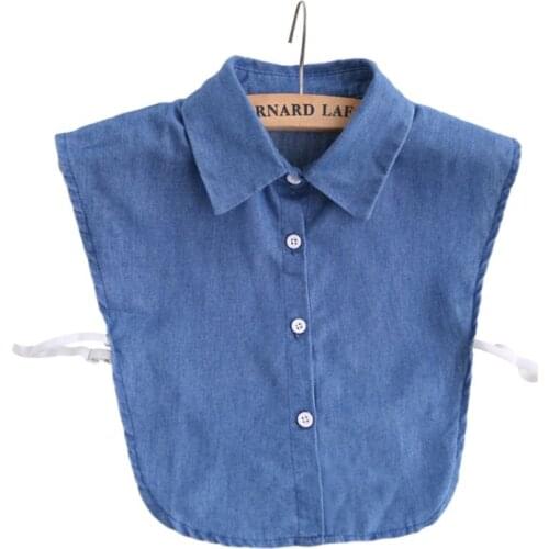 Women Girls Denim Fabric Detachable Half-Shirt Blouse Solid Color Lapel False Fake Collar Adjustable Clothes Sweater