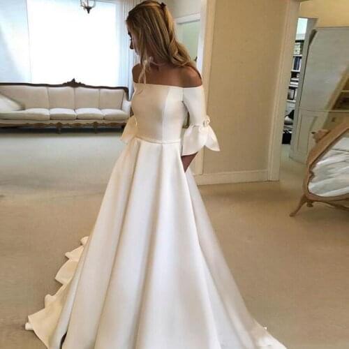 Boat Neck Simple Wedding Dresses Half Sleeve Satin Court Train vestido novia Bride Dress 2020 Cheap