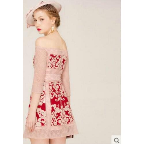 Summer Party Dresses New Women Off shoulder Vintage Embroidery Red Slash neck dress High Quality Clothing Free Shipping