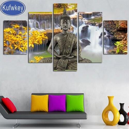 5 Panel Autumn landscape Waterfall Buddha Diamond embroidery square round drill,Diamond Mosaic Picture of Rhinestones,home Art