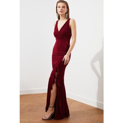 Burgundy Flywheel Detailed Evening Dresses short sleeve sexy V neck dress elegant formal party dress