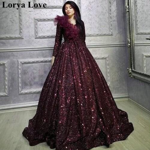 Burgundy Formal Party Night Evening Dresses 2021Luxury Women Elegant Sequined Robe De Soiree Long Sleeves Vintage Prom Dress