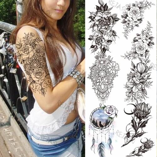 Black Big Rose Henna Lace Temporary Tattoos For Women Girl Dream Catcher Snake Flora Fake Tattoo Sticker Body Art Tatoos Jewels