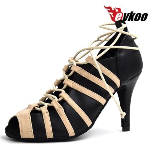 Evkoodance New Style Khaki And Black Leather Long Strip Heel Height 8.5cm Comfortable Dance Shoes For Women Evkoo-456