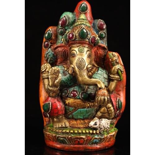 Nepal temple collection Old Bronze outline in gold Painted mosaic Gem Buddha hand Elephant Trunk God of Wealth Buddha Town House