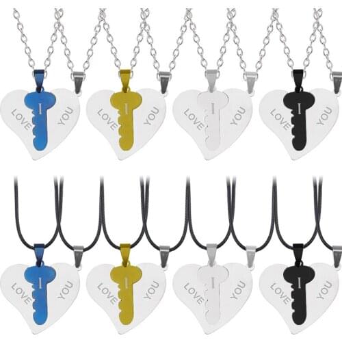 2-piece Necklace Heart-shaped Key Stitching Couple Pendant Blue Gold Optional Stainless Steel Chain Fashion Jewelry Gift