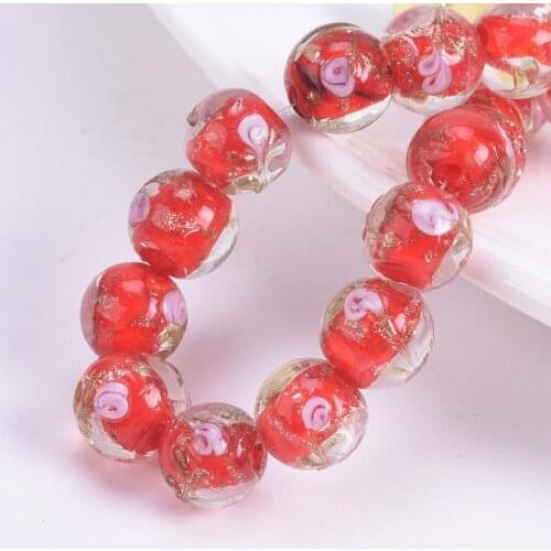10pcs Round 10mm Flower Patterns Red Handmade Lampwork Crystal Glass Loose Beads for Jewelry Making Crafts Findings
