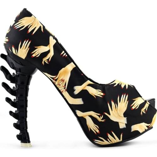 LF80623 New Fashion Red Hand Print Open Toe Platform Bone Heels Party Club Pump