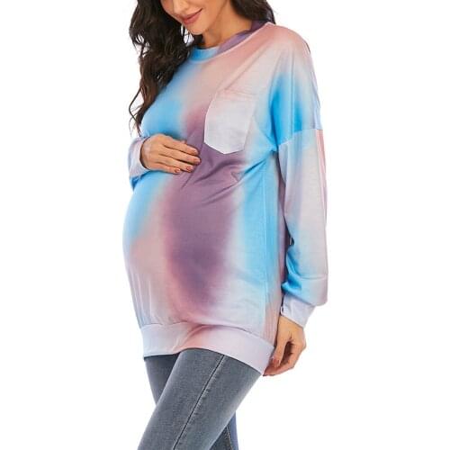 Nursing Clothes Women Cotton Round Neck Long Sleeve Gradient Color Maternity Pocket Tie-dye Home Top Camiseta Maternidad