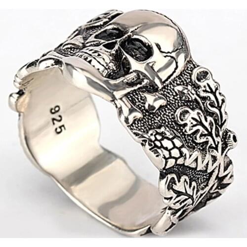 Punk Skulls Ring For Men 925 Sterling Silver Skeleton Evil Demon Vintage Punk Rock Cool Skull Rings for Men Fashion Jewelry