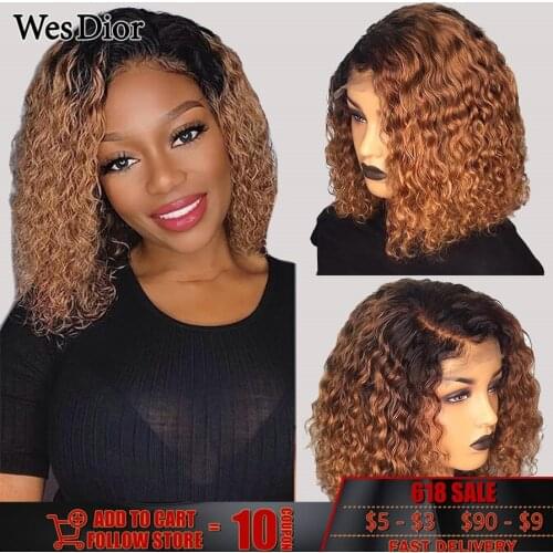 Ombre Curly Short Bob Wigs Brazilian Deep Curly Human Hair Wigs For Womern PrePlucked Colored 1B/30 13x1 Part Lace Wig Remy 180