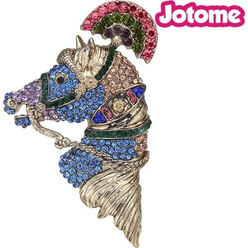 Multicolor Antique Gold-Tone Womens Austrian Crystal Horse Steed Brooch
