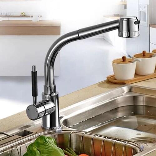 WZLY Kitchen Faucets Chrome Copper Button Switch Pull Out Kitchen Sink Faucet 360 Rotate Cold Hot Water Sink Mixer Taps Torneira