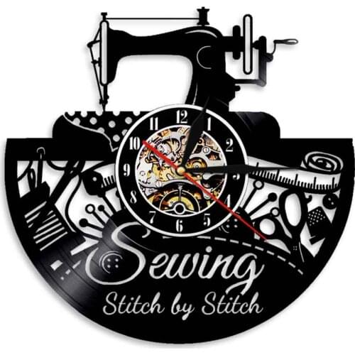 Stitch by Stitch Sewing Machine Decorative Vinyl Record Vintage Wall Clock with 7 Colors Change Atmosphere Light Watch Silent