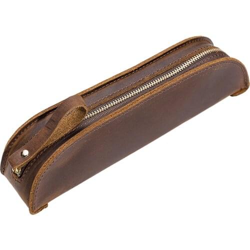 100% Genuine Leather Pencil Bag Zipper Bag Pen Storage Pouch Vintage Crazy Horse Leather Creative School Stationary Products