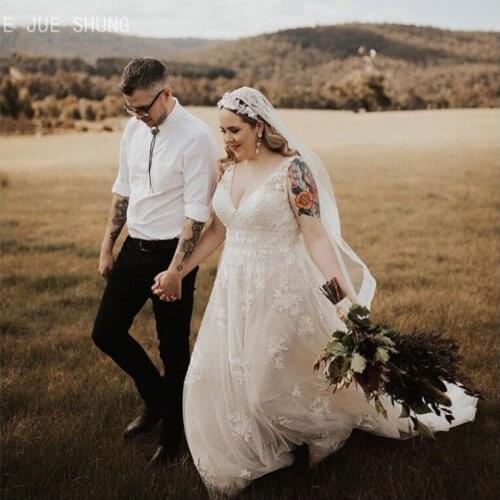 E JUE SHUNG Boho Wedding Dresses Summer Deep V Neck Sleeveless Lace Appliques A Line Bridal Gowns robe de mariee Plus Size