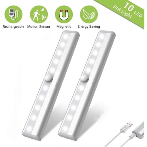 2 Pack LED PIR Motion Sensor Under Cabinet Light Night Lamp USB Rechargeable Bedroom Wardrobe Kitchen Light Cupboard Closet Lamp