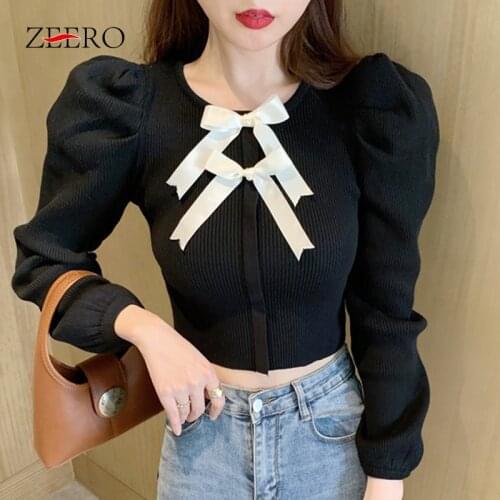 Spring Autumn Clothe Women Sweaters O-Neck Bowknot Puff Sleeve Tops Pullovers Knitting Black Short Sweater Tops Plus Size L-4XL