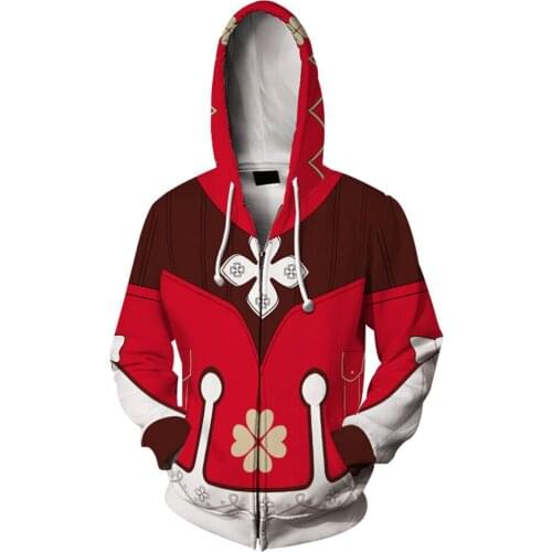 Game Genshin Impact Klee Cosplay Hoodie 3D Printed Sweatshirt Casual Pullover Zip Up Jacket Coat