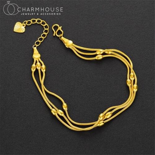 Yellow Gold Plated Charm Bracelets For Women Multi Layer Bead Snake Chain Bracelet & Bangle Pulseras Mujer Hand Jewelry Accesory