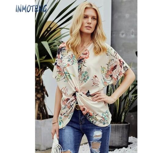 INMOTENG Apricot/Blue V Neck Floral Print Top Half Sleeve Casual Lady Tops S-2XL Summer Fashion Blouses with Twist Front Tops