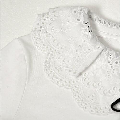 Womens Peter Pan Collar T-Shirt Bow Embroidery Hollow Out Short Sleeve Tee Female Sweet White Tops Summer 2021 New