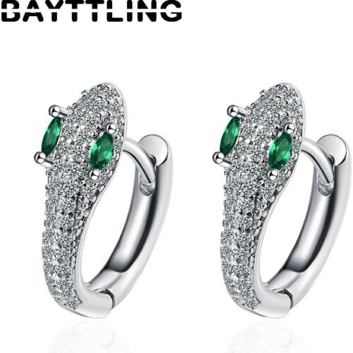 BAYTTLING 925 Sterling Silver 14MM Mini Earrings CZ Zircon Snake Hoop Earrings For Woman Fine Wedding Party Jewelry Gift