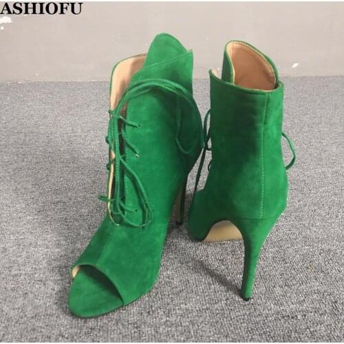 ASHIOFU Handmade Ladies Stiletto Heel Pumps Cross Shoelace Peep-toe Party Prom Dress Shoes Real Picture Large Size Fashion Shoes