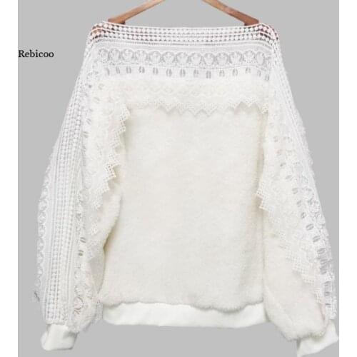 Spring Autumn Womens Elegant Lace Hollow Out Knitted Off Shoulder Lantern Sleeve Pullover Female Ladies Jumper New