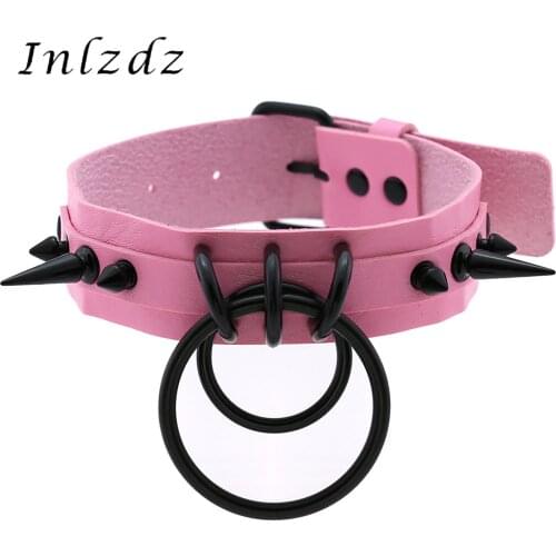 Women Bar Cosplay Costume Circle Ring Collar Punk Style Gothic Collar Exaggerated Pointed Drum Nail Double Club Leather Necklac