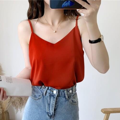 Summer Fashion Women Multi-Color Chiffon inside V-Neck Casual Sleeveless Solid Vest Loose Tanks Tops High Quality Womens Sling