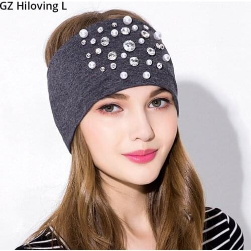 GZHilovingL Turban Headwear For Women Elastic Wide Soft Headbands With Pearl Rhinestone Headwrap Sports Fashionable Headwear