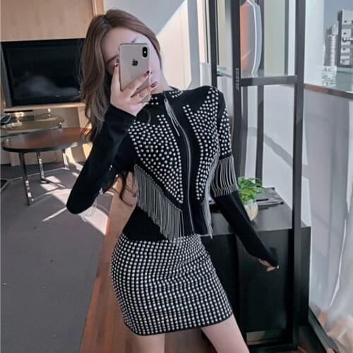 Two piece set Spring New Rivets Chain Tassel Female jacket Coat Short skirt Two Piece Set Black Sexy Mini Skirt Women Suits