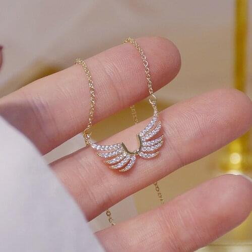 Korea New Design Fashion Jewelry Sweet Angel Wing AAA zircon Necklace 14K Real Gold Plating Women Sexy Clavicle Necklace
