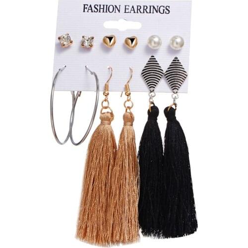 6 Pairs/Set Vintage Stud Earrings Set for Women Bohemian Gold Color Heart Geometric Statement Tassel Hang Brincos Jewelry 2019