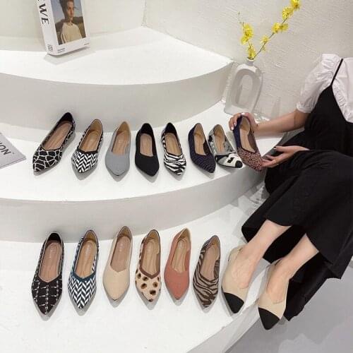 Brand Ballet Flat Shoes Womens 2021 New Knitted Shoes Pointed Leopard Print Fashion Flying Woven Shoes Casual Shoes Women