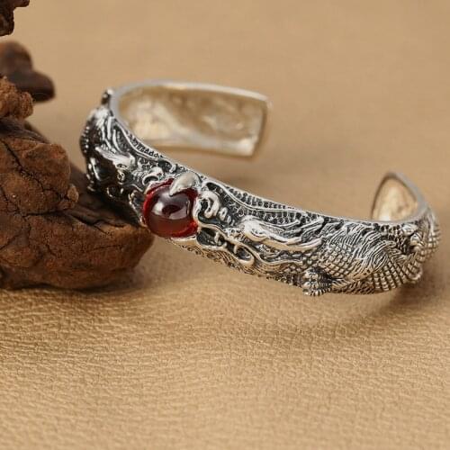 New Pure S925 Sterling Silver Bracelet Width 15mm Double Dragons Chase Ball Super Cool Cuff Bangle Diameter 60mm For Man