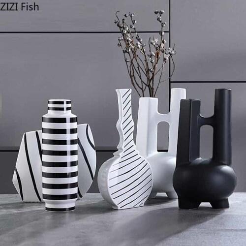 Classic Black and White Striped Ceramic Vase TV Cabinet Porch Furnishings Crafts Countertop Hydroponic Vase Home Decoration Gift