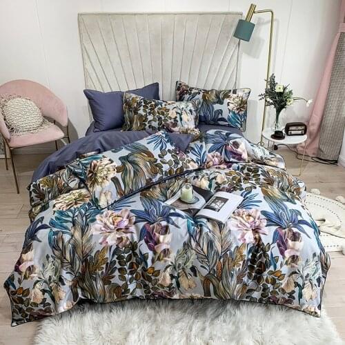 Navy Blue Floral Bedding Set Luxury Egyptian Cotton Bedding Set Queen King Bright Flamingo Leaf Duvet Cover Bed Sheet Set Fitted