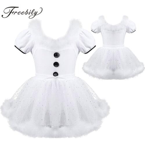 Kids Girls Christmas Swan Dance Costume White Feather Short Sleeve Sequins Mesh Tutu Ballet Leotard Figure Skating Dress