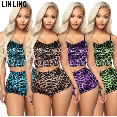 LINLING Summer Cut Out Sexy Leopard Print Short Slim Shoulder Strap Slim Open Back Velvet 2-piece Shorts Nightclub Dress