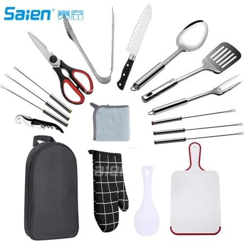 Camp Kitchen Cooking Utensil Set Travel Organizer Grill Accessories Portable Compact Gear for Backpacking BBQ Camping Hiking
