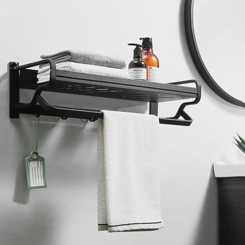 Bathroom Towel Holder Wall Mounted Towel Rail Black/Silver Aluminum Alloy Towel Shelf With Hooks Bathroom Accessories Nail Free
