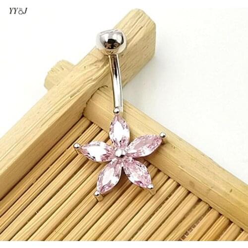 Pink purple Zirconia flower shape belly button navel ring 925 sterling silver body piercing jewelry beach hyperallergenic