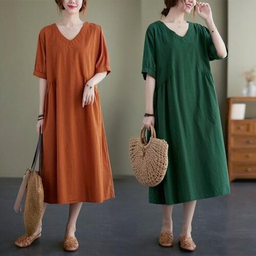 2021 Pure Color Cotton Literature and art Autumn Dress Women Casual Fashion Dress For Women Summer Holiday Sundress Robe Femme