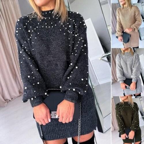 Faux Pearl Decor Knitted Pullover Dress Half Turtleneck Autumn Winter Elastic Cuff Solid Color Sweater Dress Streetwear Fashion